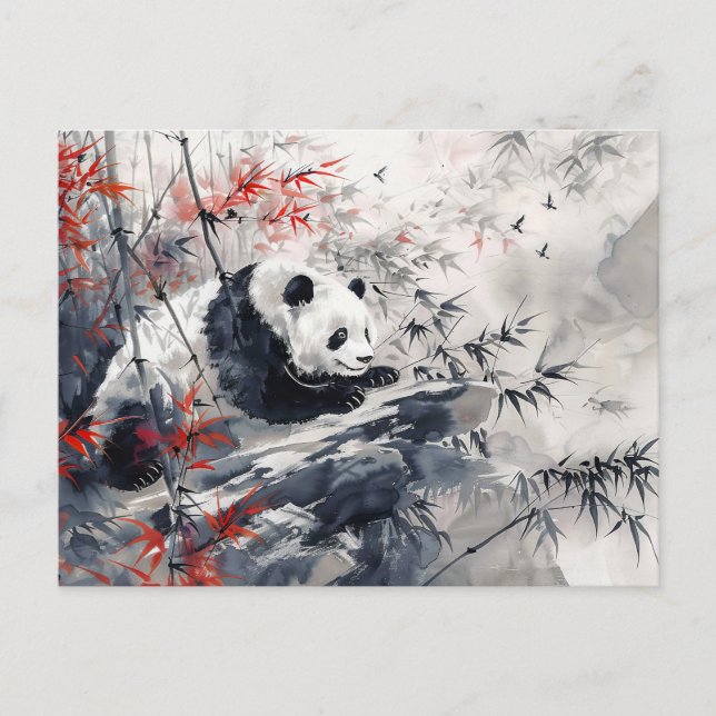 Chinese Watercolor Panda and Bamboo Postcard (Front)