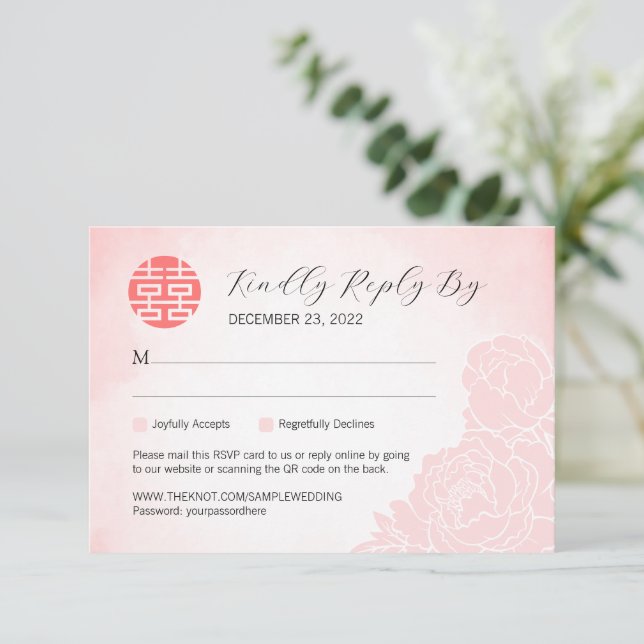 Chinese Watercolor Peony Wedding RSVP with QR Code (Standing Front)
