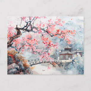 Chinese Watercolor Temple with Cherry Blossoms Postcard