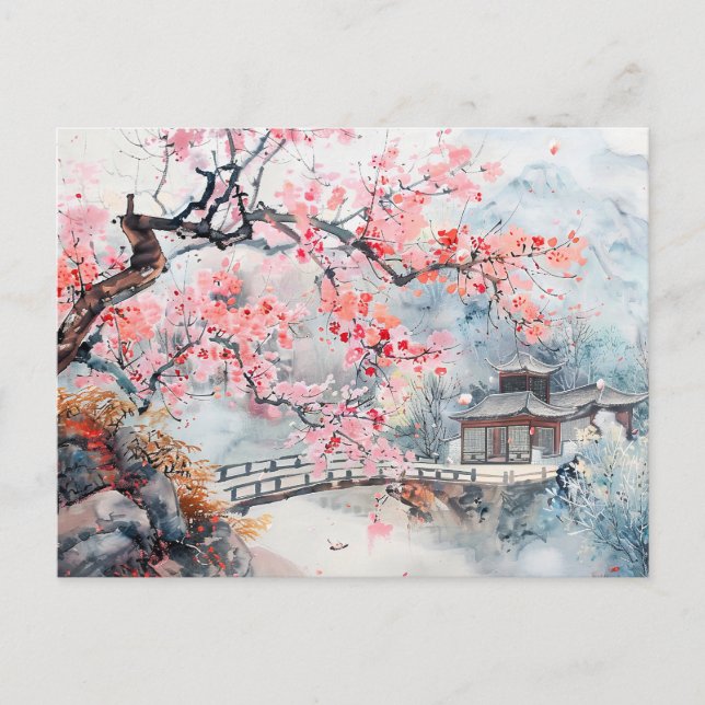 Chinese Watercolor Temple with Cherry Blossoms Postcard (Front)
