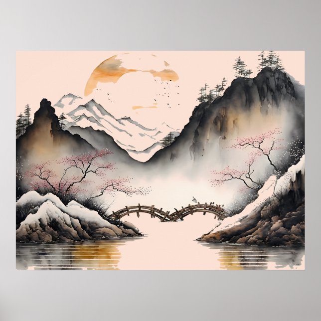 Chinese Watercolor winter river and mountiains Poster (Front)