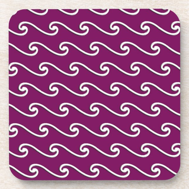 Chinese wave pattern - white on eggplant purple coaster (Front)