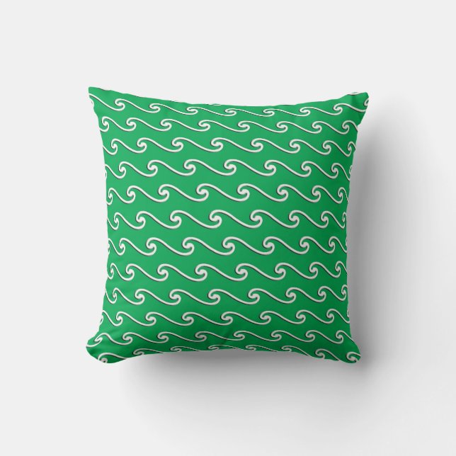 Chinese wave pattern - white on jade green cushion (Front)