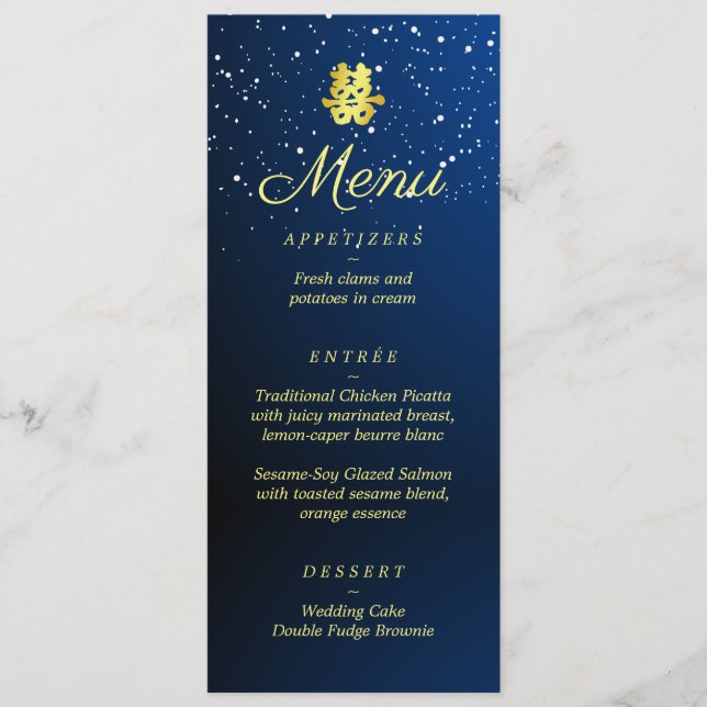 Chinese wedding blue snowflakes starry night menu (Front)