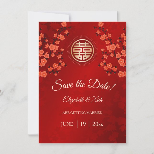 Chinese Wedding Double Happiness Cherry Blossom  Save The Date (Front)