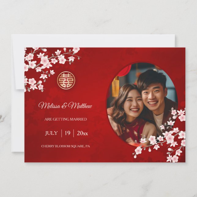 Chinese Wedding Double Happiness Cherry Blossom Save The Date (Front)