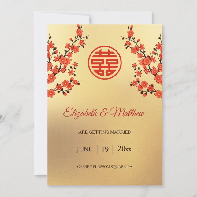 Chinese Wedding Double Happiness Cherry Blossom Save The Date (Front)