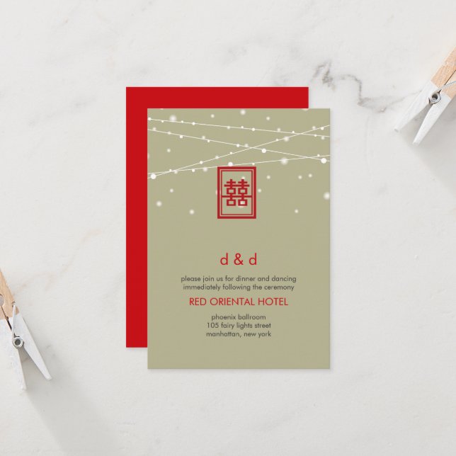 Chinese Wedding Double Happiness Chic Fairy Lights Invitation (Front/Back In Situ)