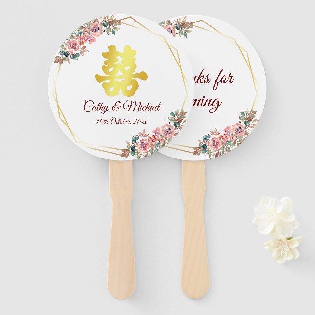 Chinese wedding double happiness flower wreath  hand fan (Front and Back)
