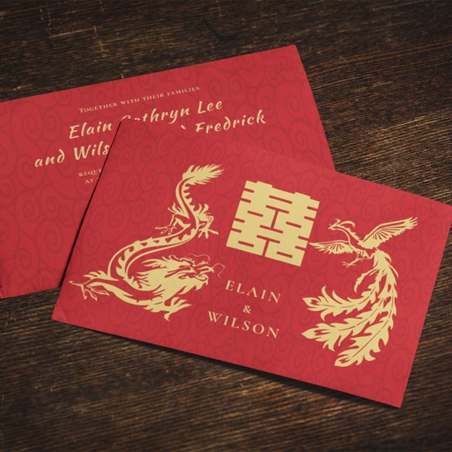 Chinese Wedding Dragon-Phoenix Double Xi Red Gold Invitation (Creator Uploaded)