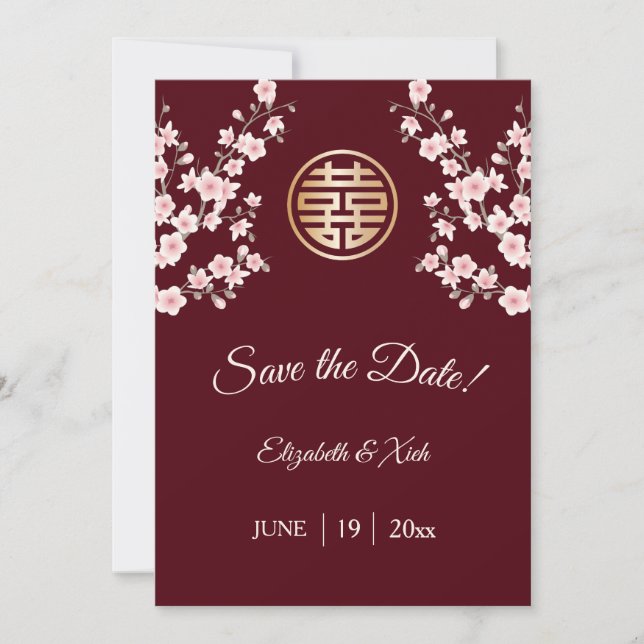 Chinese Wedding Dusty Pink Maroon Cherry Blossom  Save The Date (Front)