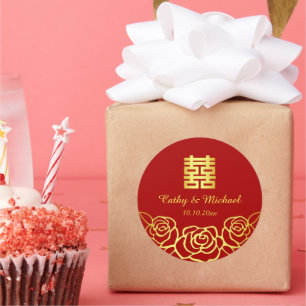 Chinese wedding floral rose papercut red and gold  classic round sticker