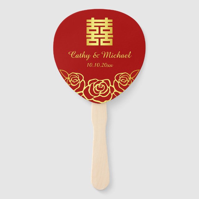 Chinese wedding floral rose papercut red and gold hand fan (Front)