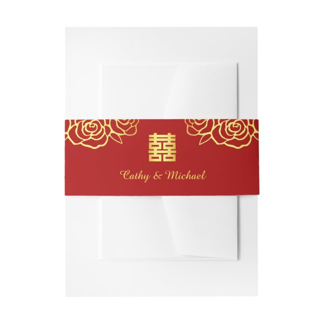 Chinese wedding floral rose papercut red and gold invitation belly band (Front Example)