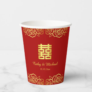 Chinese wedding floral rose papercut red and gold paper cups
