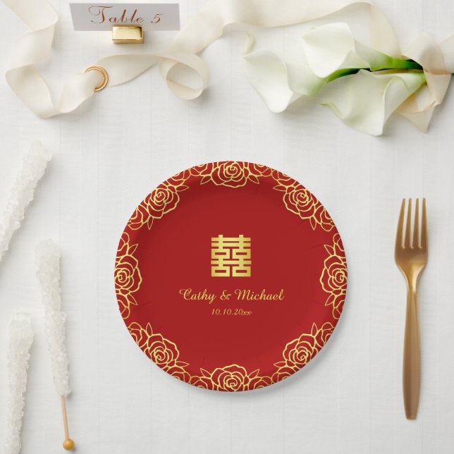 Chinese wedding floral rose papercut red and gold paper plate (Wedding)