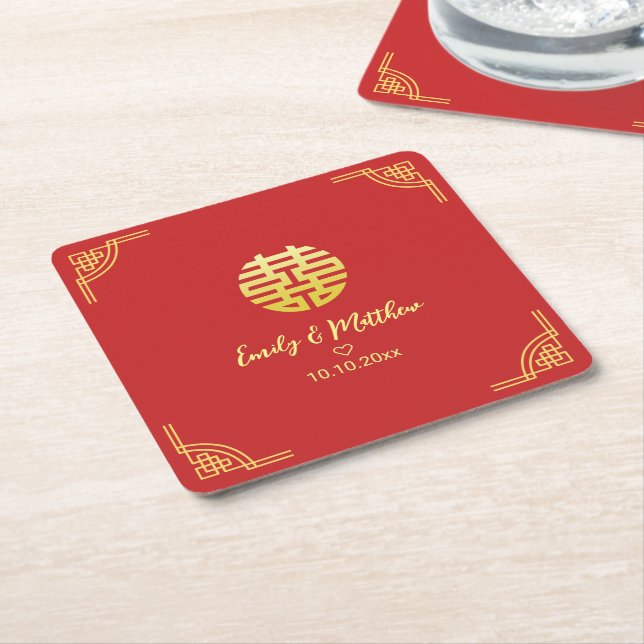 Chinese wedding golden frame double xi  square paper coaster (Angled)