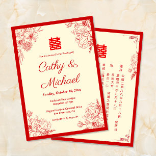 Chinese wedding red beige floral frame oriental invitation