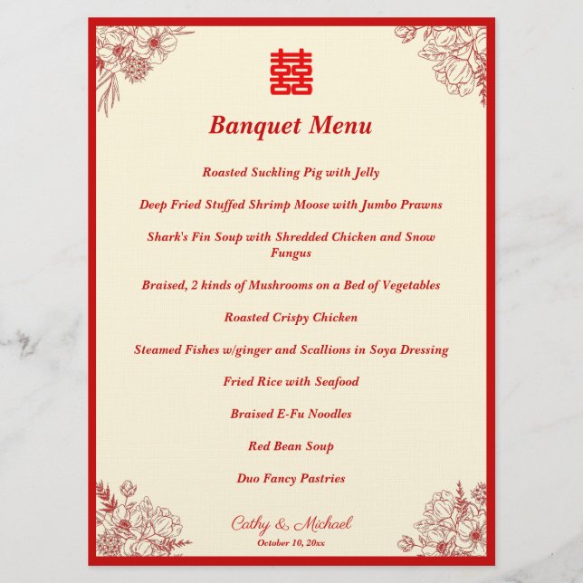 Chinese wedding red beige floral frame oriental menu (Front)