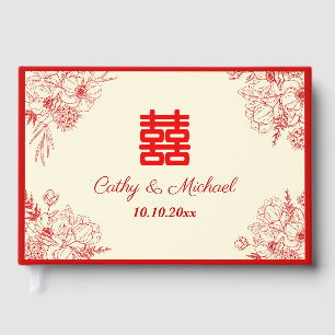 Chinese wedding red beige floral oriental guest book