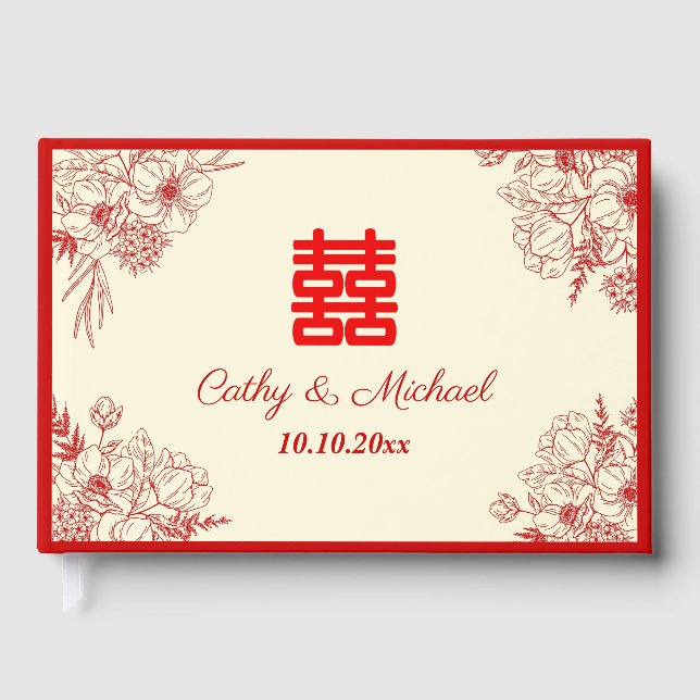 Chinese wedding red beige floral oriental guest book (Front)