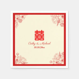 Chinese wedding red beige floral oriental napkin