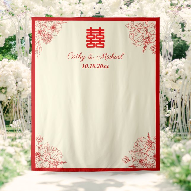 Chinese wedding red beige floral photo backdrop tapestry (Creator Uploaded)