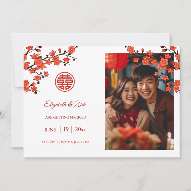 Chinese Wedding Red Cherry Blossom White Save The Date (Front)