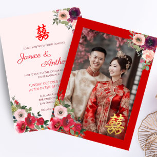 Chinese wedding red garden floral couple photo invitation