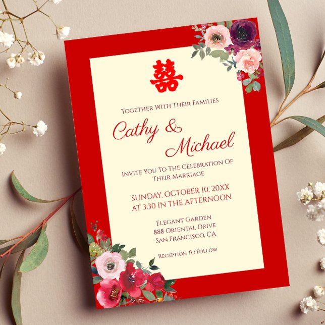 Chinese wedding red garden floral double happiness invitation (Creator Uploaded)