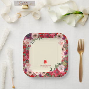 Chinese wedding red garden floral double happiness paper plate