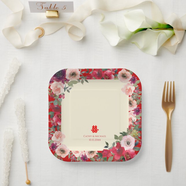 Chinese wedding red garden floral double happiness paper plate (Wedding)