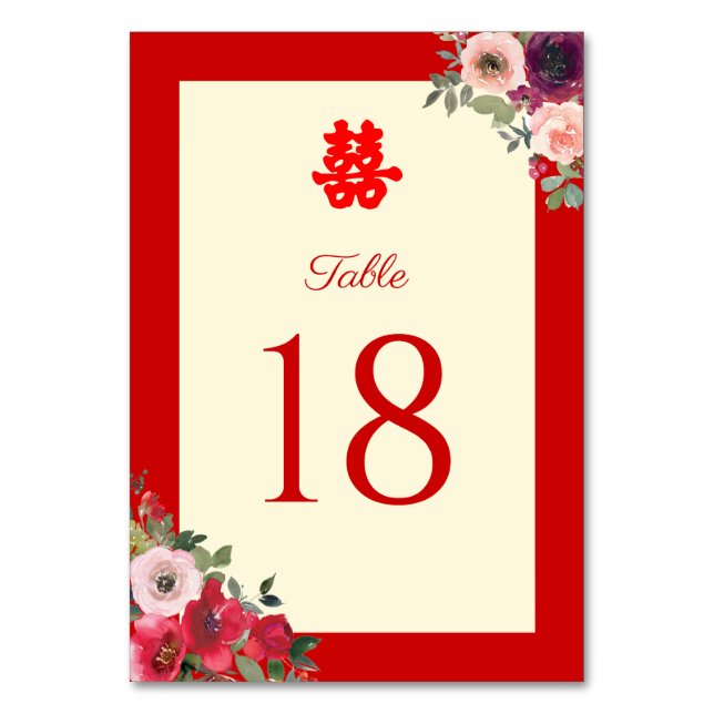 Chinese wedding red garden floral double happiness table number (Front)