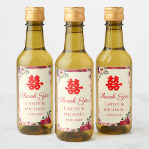 Chinese wedding red garden floral double happiness wine label