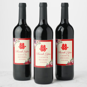Chinese wedding red garden floral double happiness wine label