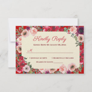 Chinese wedding red purple floral garden RSVP card