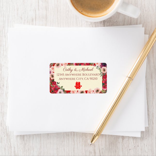 Chinese wedding red purple floral return address label (Insitu)