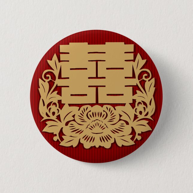 Chinese wedding with double happiness and flower 6 cm round badge (Front)