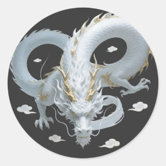 Chinese White Gold Dragon Art Fantasy Design With  Classic Round Sticker