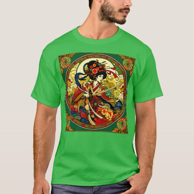 Chinese Woman Swordfighter in Art Deco Style T-Shirt (Front)