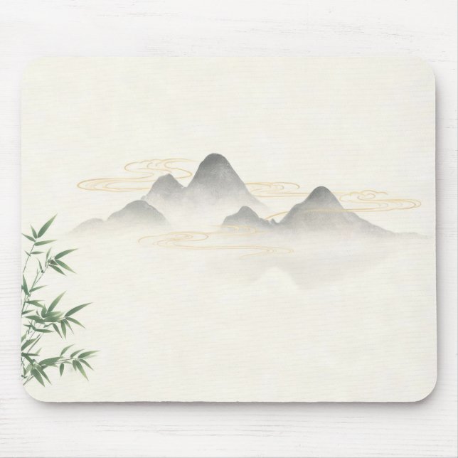 Chinese Zen Ink Mountain Bamboo Mouse Pad, Minimal Pad (Front)