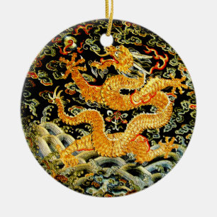 Chinese zodiac antique embroidered golden dragon ceramic tree decoration