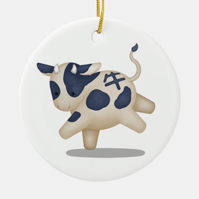 Chinese Zodiac Ox Cute Astrology Sign Ceramic Tree Decoration (Front)