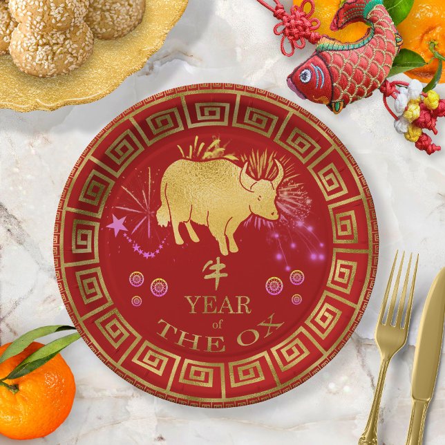 Chinese Zodiac Ox Red/Gold ID542 Paper Plate (Creator Uploaded)