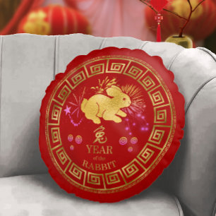 Chinese Zodiac Rabbit Red/Gold ID542 Round Cushion