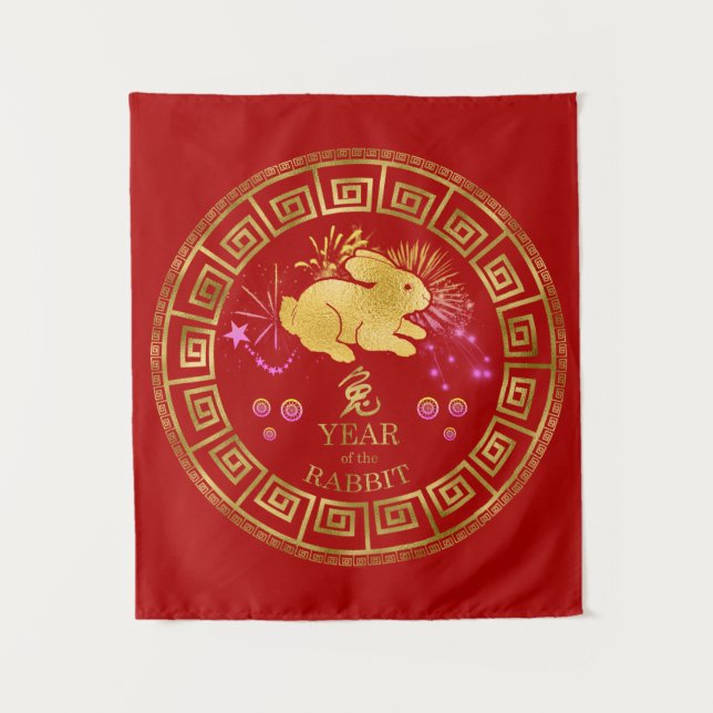 Chinese Zodiac Rabbit Red/Gold ID542 Tapestry (Front)