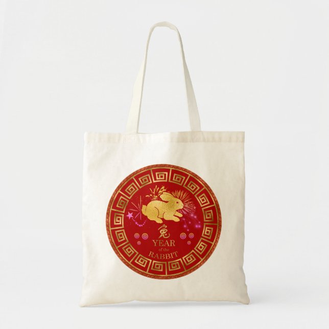 Chinese Zodiac Rabbit Red/Gold ID542 Tote Bag (Front)
