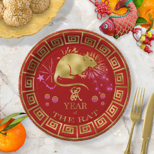 Chinese Zodiac Rat Red/Gold ID542 Paper Plate