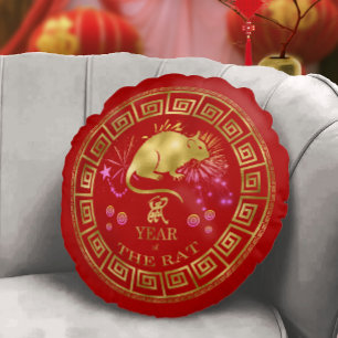 Chinese Zodiac Rat Red/Gold ID542 Round Cushion