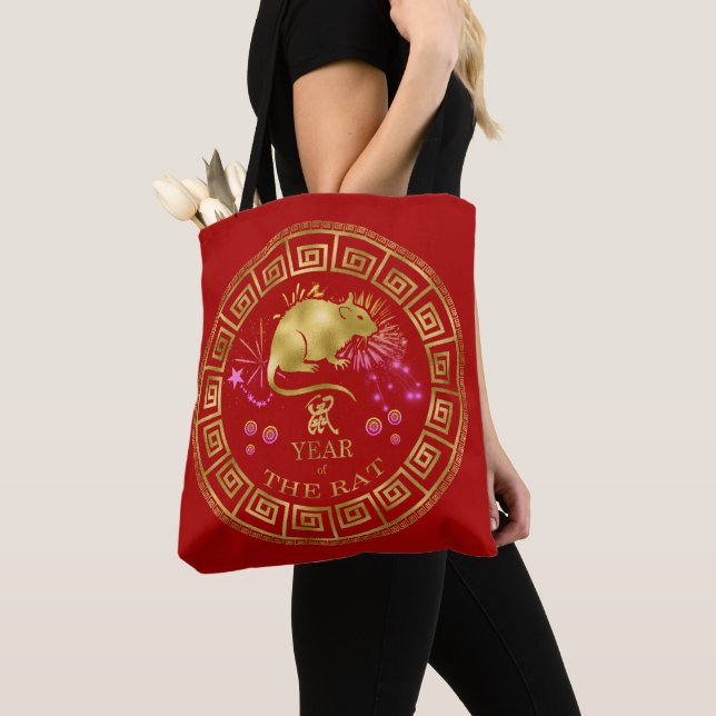 Chinese Zodiac Rat Red/Gold ID542 Tote Bag (Close Up)